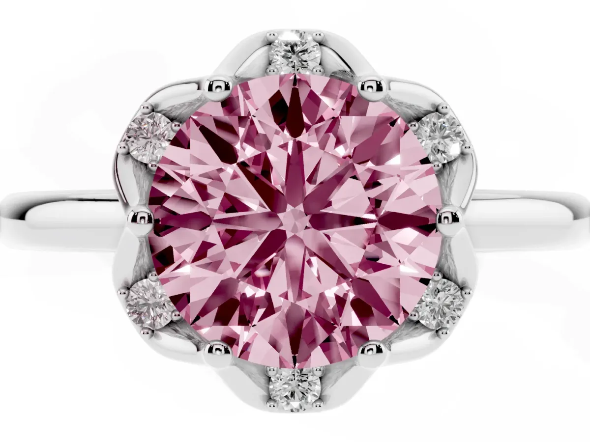 Fancy Pink Round Cut Halo Diamond Ring with Round Cluster Setting, Solitaire Band, and Four-Prong Setting White gold