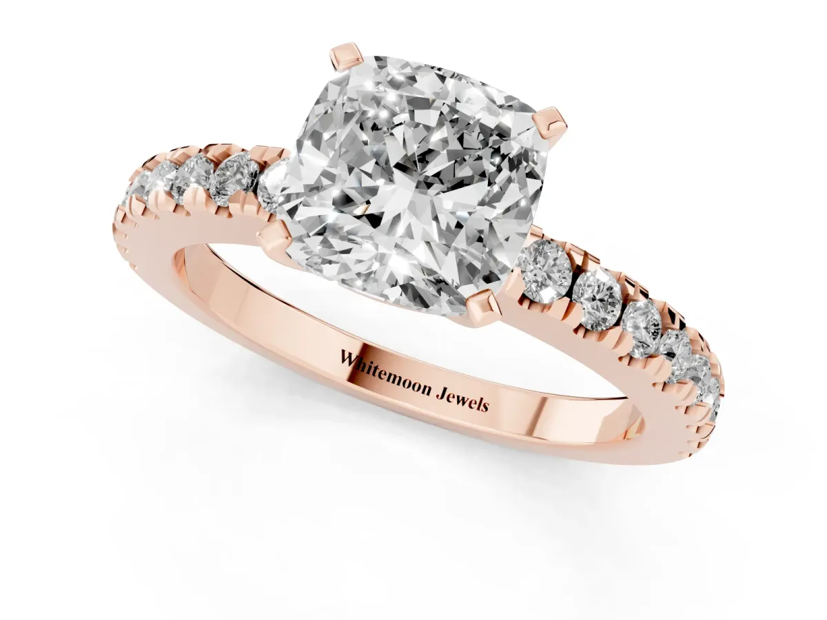 Cushion Cut Solitaire Diamond with Pavé Band and Four-Prong Setting Rose gold