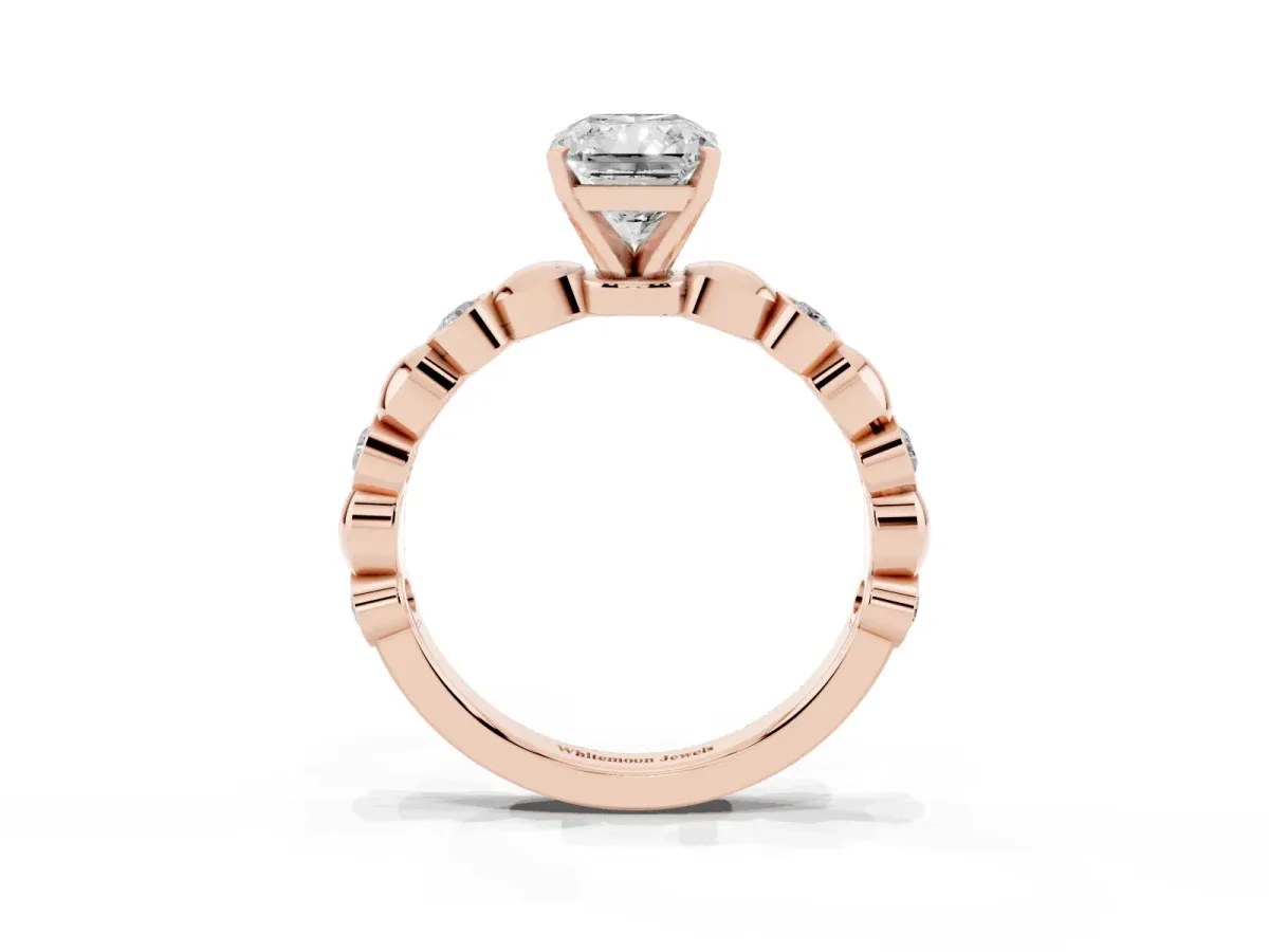 Radiant Cut Solitaire Bezel-Set Diamond Ring with Beaded Band and Four-Prong Setting Rose gold