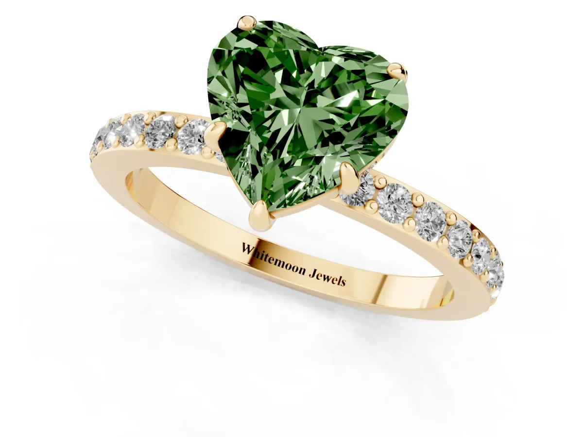 Fancy Green Heart Cut Diamond Pavé Engagement Ring with Round Accents and Prong Setting Yellow gold