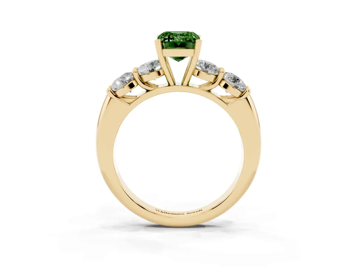 Fancy Green Emerald Cut Cut Five-Stone Prong Set Diamond Ring with Classic Band Yellow gold
