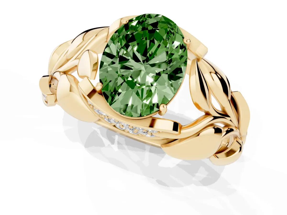 Fancy Green Oval Cut Diamond Leaf-Inspired Engagement Ring with Round Accents and Prong Setting Yellow gold