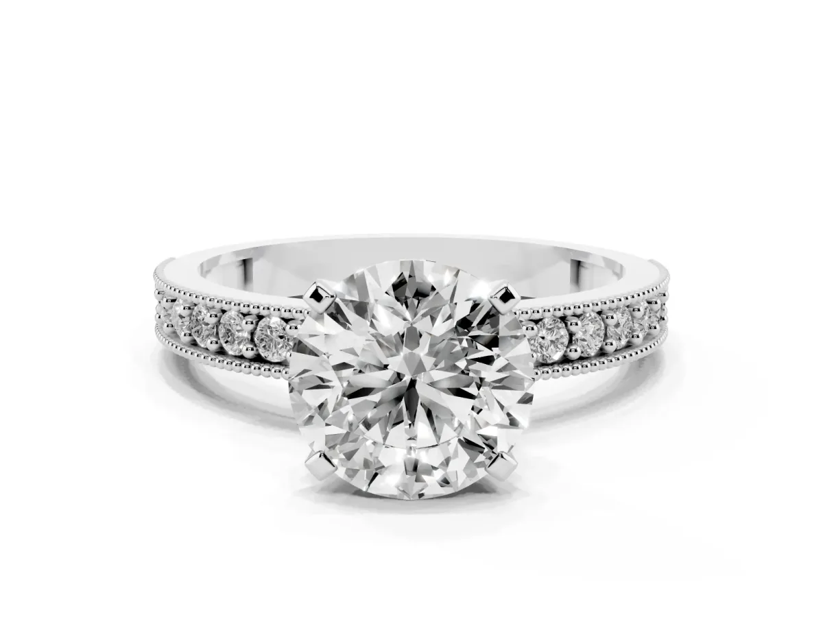 Round Cut Diamond Milgrain Pavé Engagement Ring with Four-Prong Setting Silver