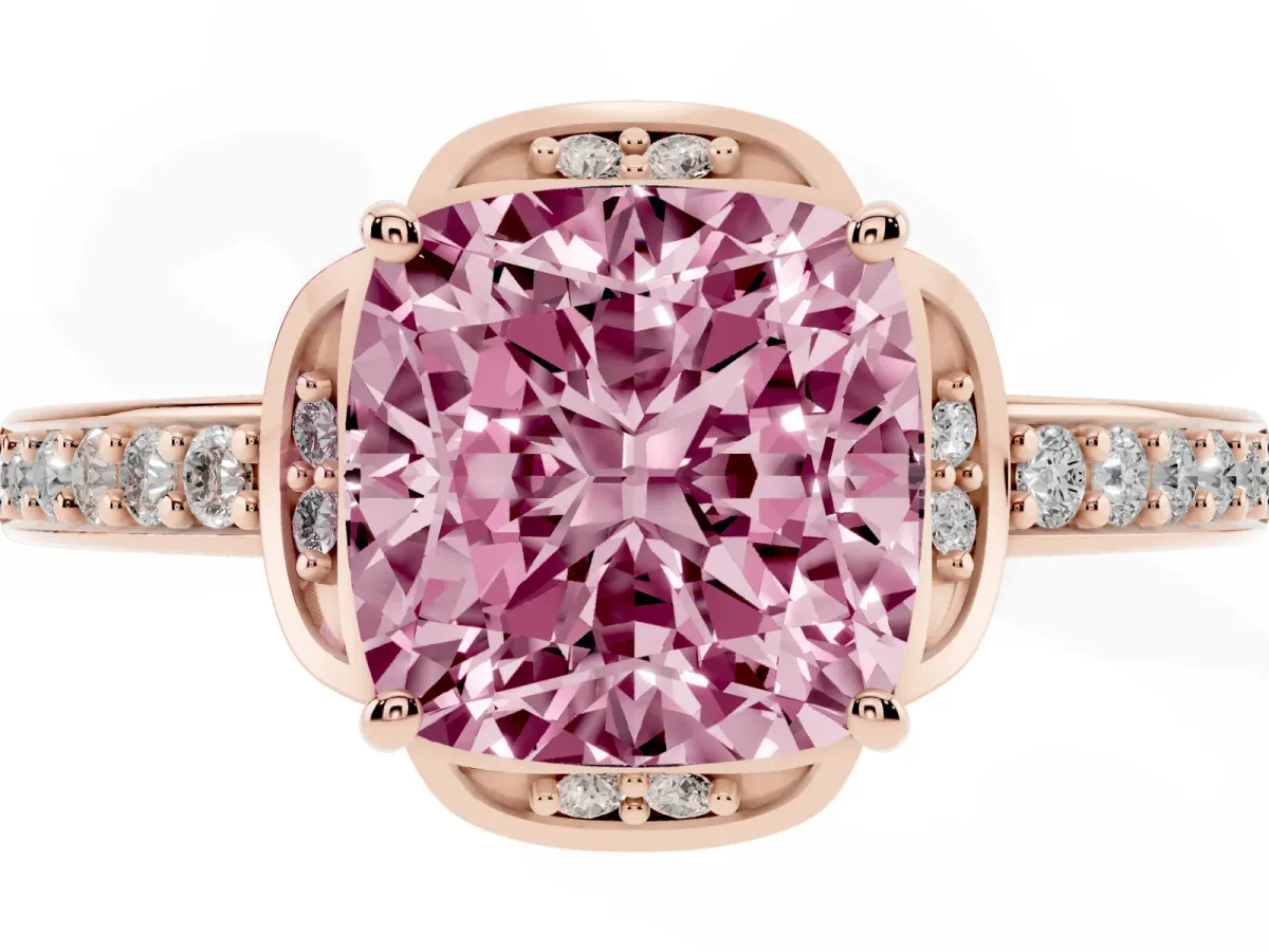 Fancy Pink Cushion Cut Cut Halo Diamond Ring with Channel Set Band and Four-Prong Setting Rose gold