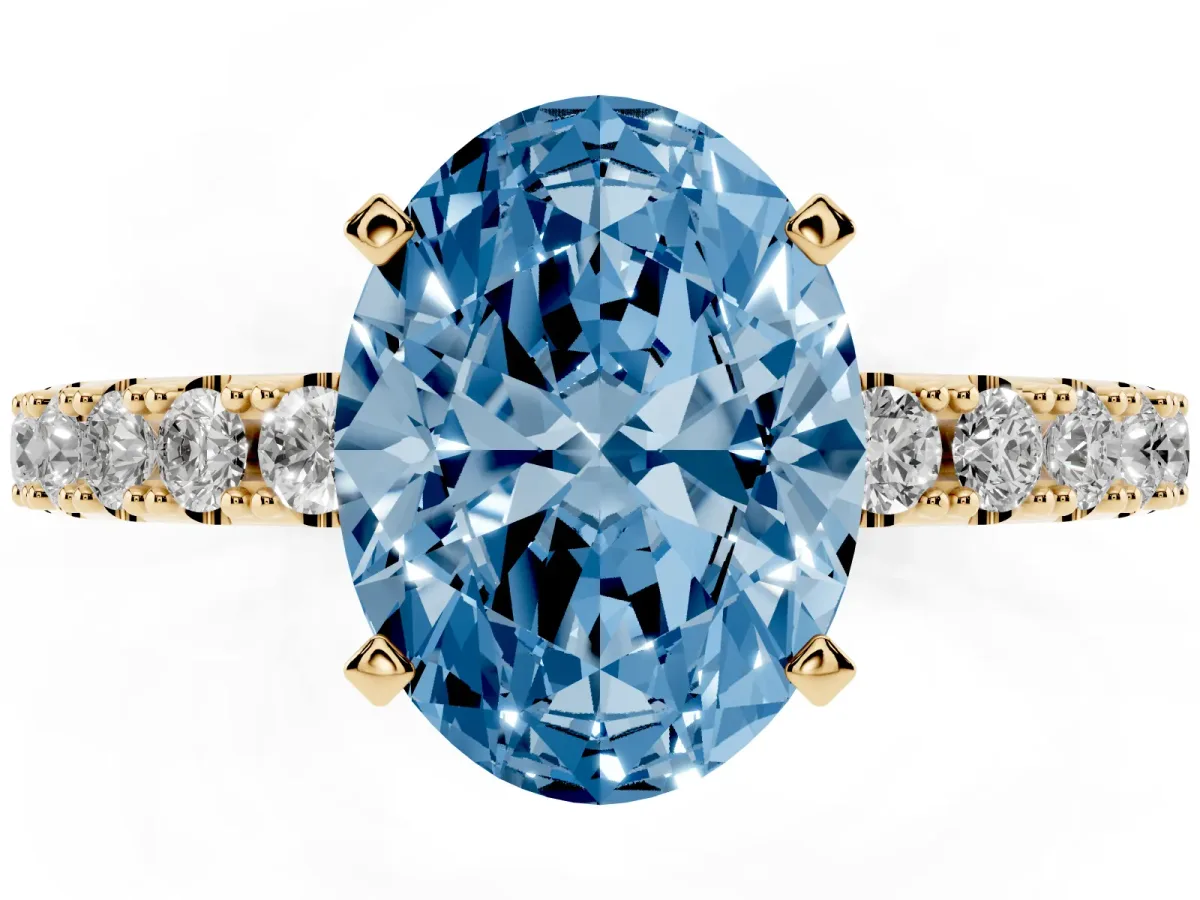 Fancy Blue Oval Cut Diamond Solitaire Pavé Band with Four-Prong Setting Yellow gold
