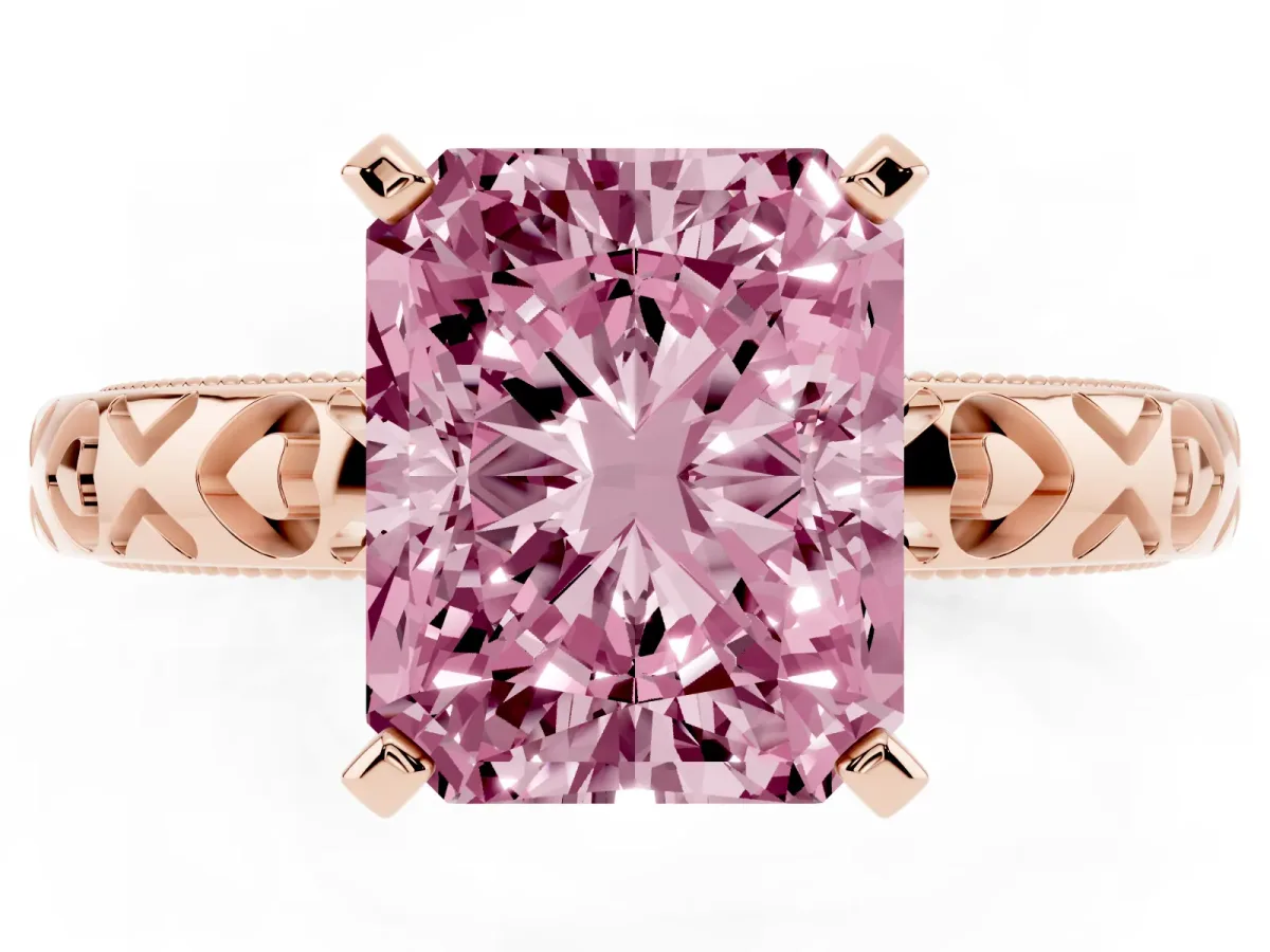 Fancy Pink Radiant Cut Solitaire Diamond Engagement Ring with XO Engraved Band and Four-Prong Setting Rose gold