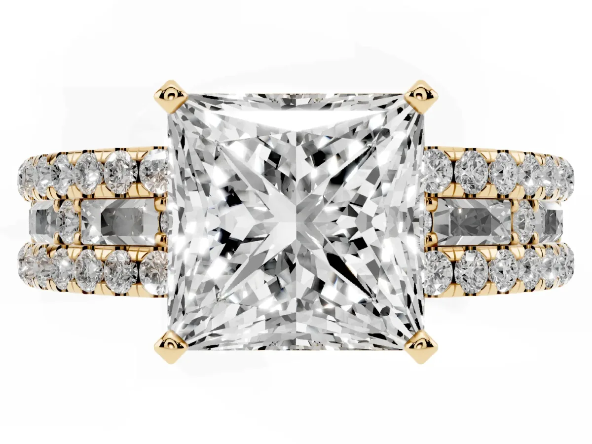 Princess Cut Diamond Solitaire Ring with Pavé and Channel Set Band Yellow gold