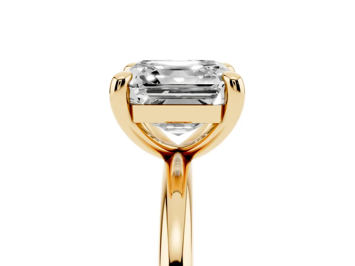 Asscher Cut Solitaire Diamond Ring with Four-Prong Setting on a Plain Band Yellow gold