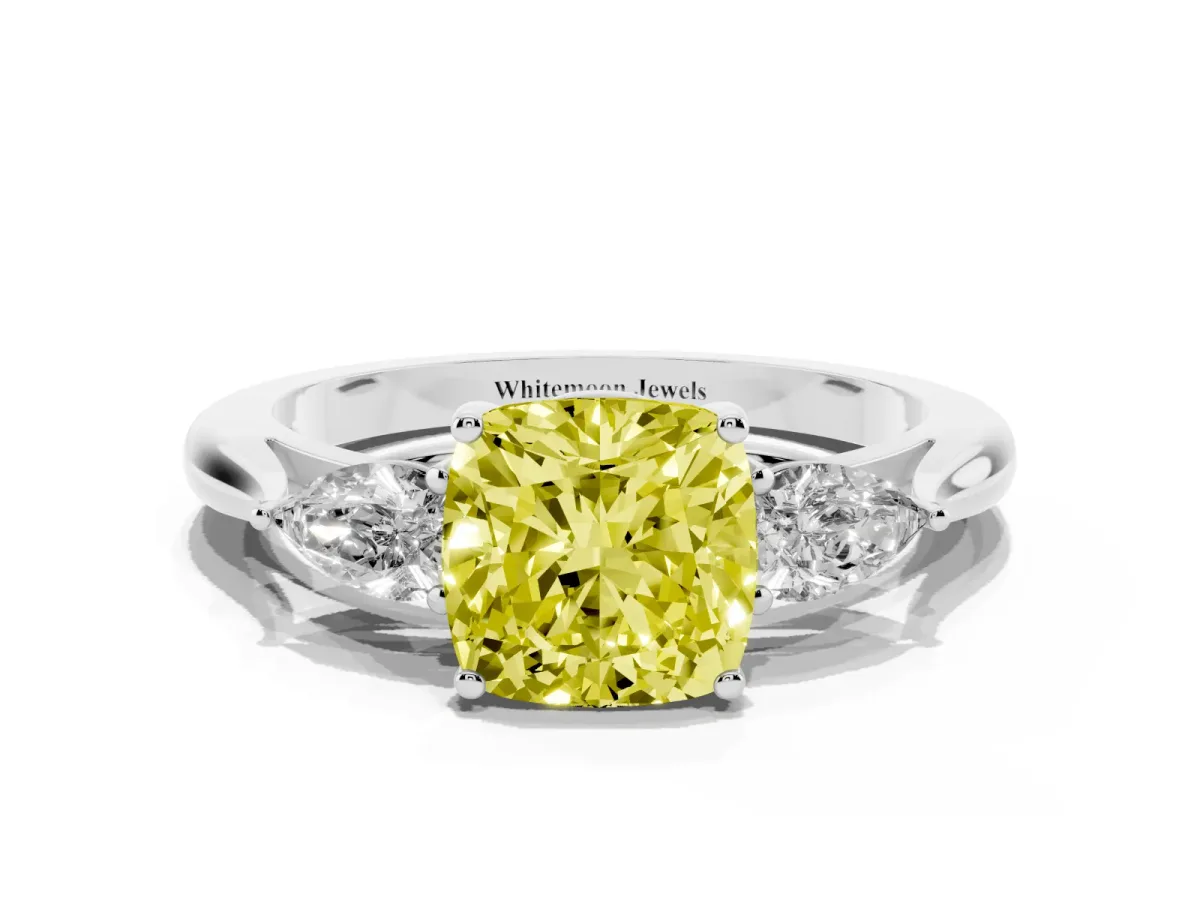 Fancy Yellow Three-Stone Cushion Cut Brilliant Diamond Solitaire Ring with Tapered Band and Four-Prong Setting Silver