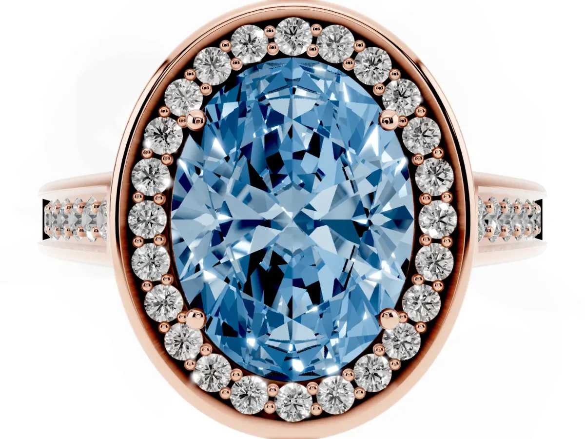 Fancy Blue Oval Cut Halo Solitaire Diamond Ring with Pave Band and Bezel Setting Rose gold