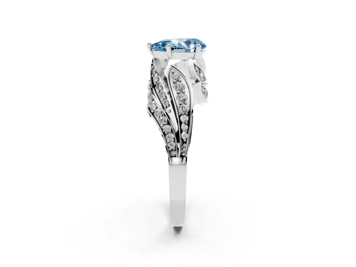 Fancy Blue Pear Cut Diamond Solitaire Ring with Prong Setting and Twisted Pavé Band Silver
