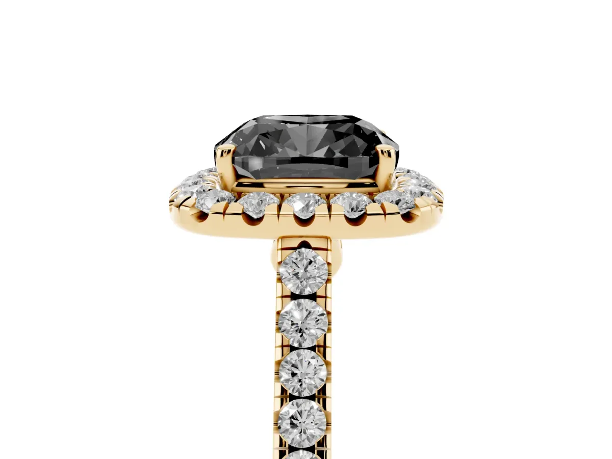 Fancy Black Cushion Cut Halo Pave Diamond Engagement Ring with Four-Prong Setting Yellow gold