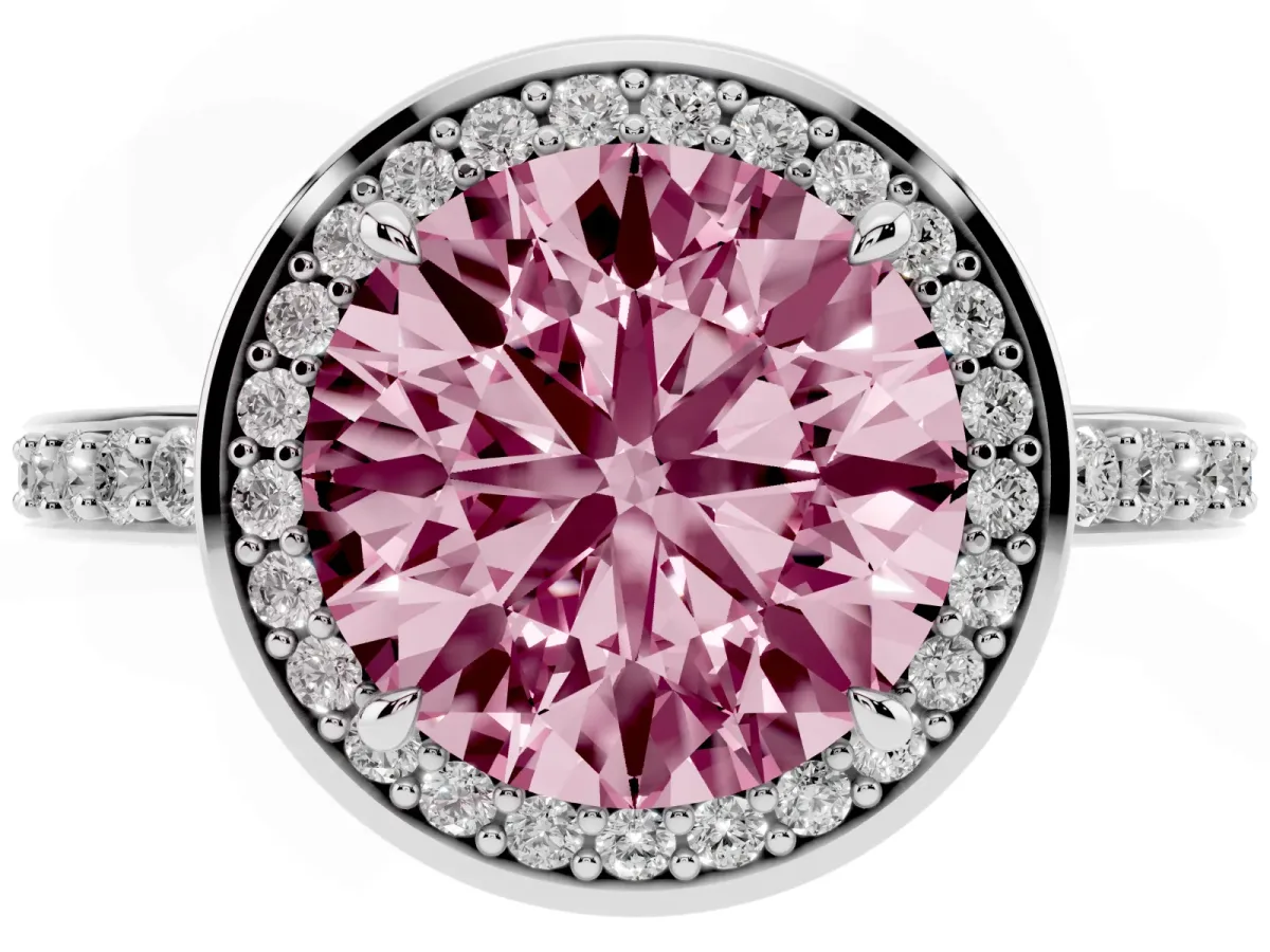 Fancy Pink Round Cut Halo Pave Band Solitaire Ring with Prong Setting Silver