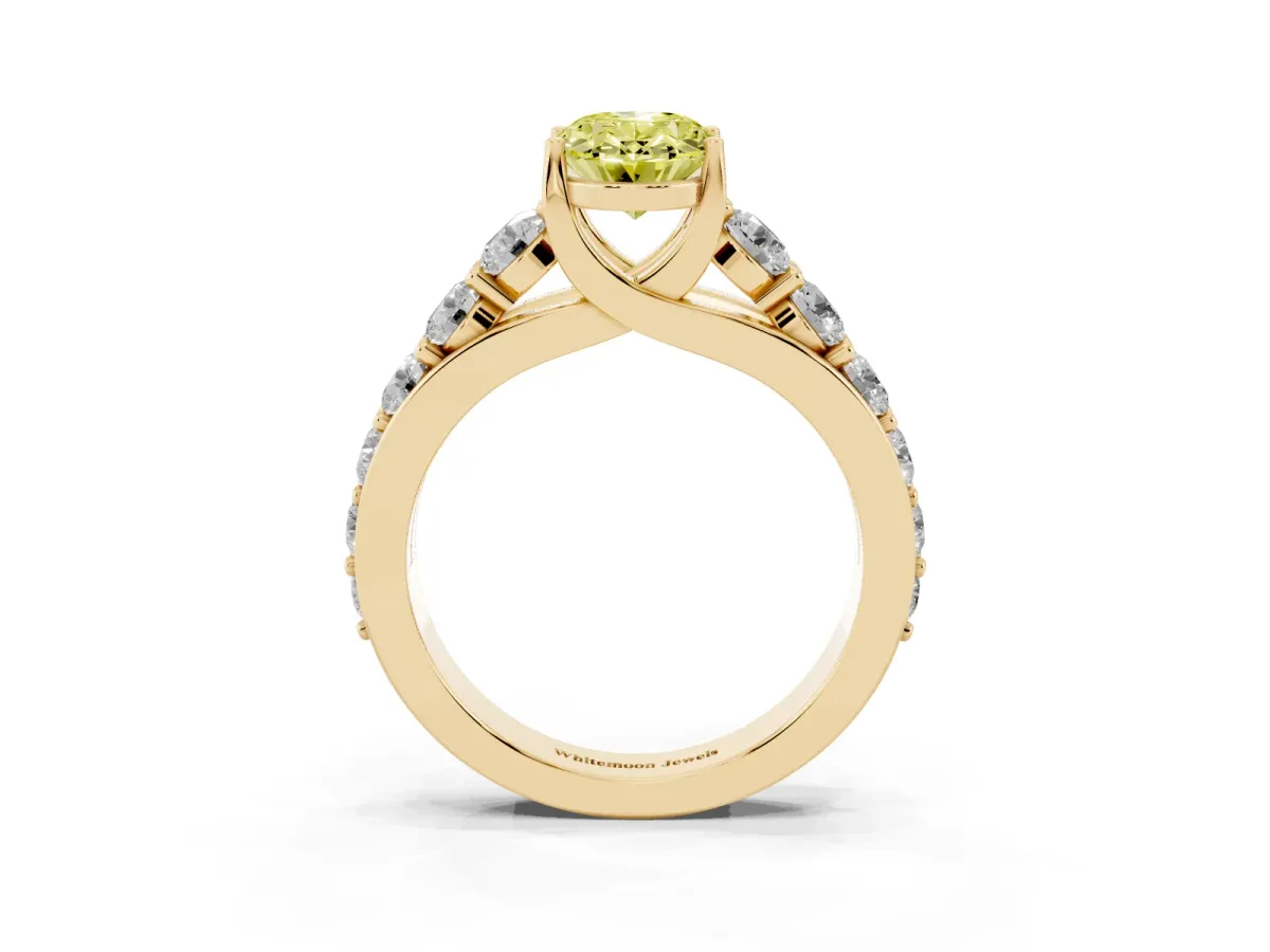 Fancy Yellow Oval Cut Diamond Engagement Ring with Pavé Band and Four-Prong Setting Yellow gold