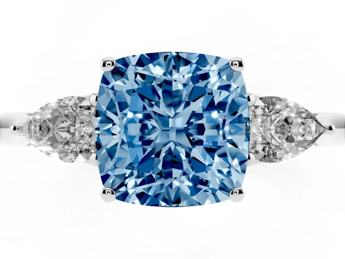 Fancy Blue Cushion Cut Diamond Three-Stone Ring with Pear Side Stones and Prong Setting Silver