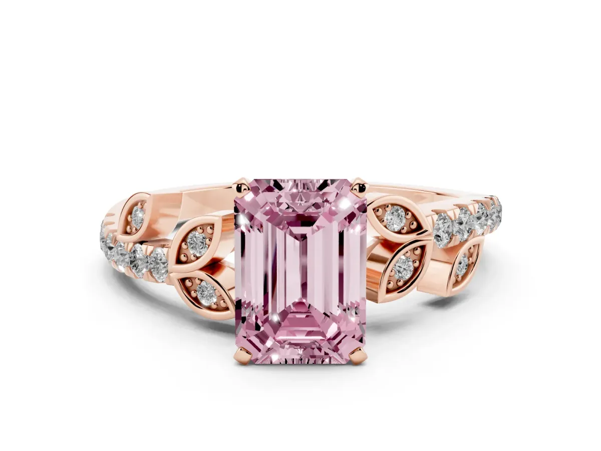 Fancy Pink Emerald Cut Solitaire Leaf-Inspired Diamond Ring with Pavé Band and Four-Prong Setting Rose gold