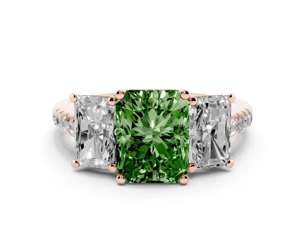 Fancy Green Three-Stone Radiant Cut Diamond Ring with Round Pavé Band and Prong Setting Rose gold