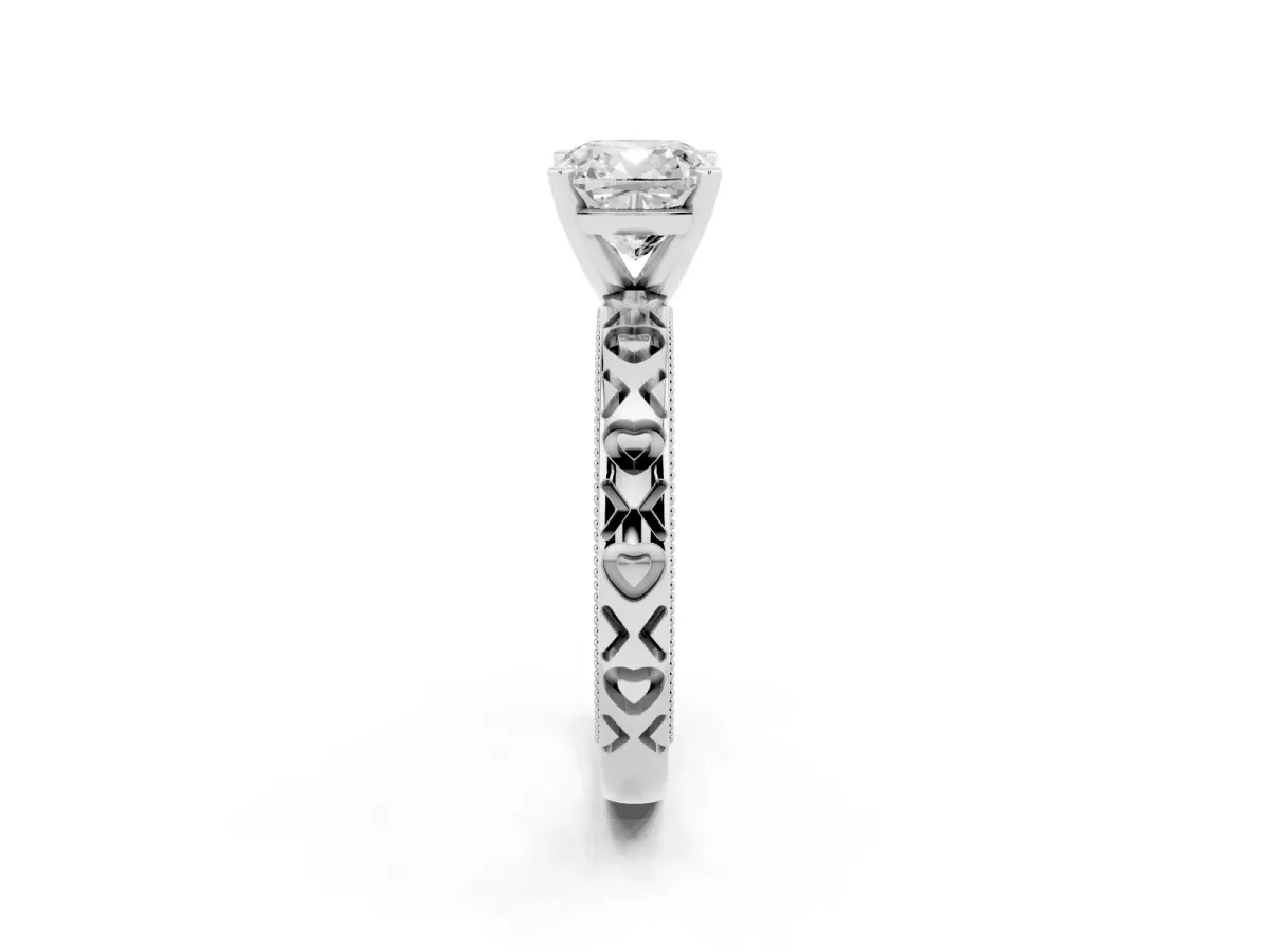 Cushion Cut Solitaire Diamond Engagement Ring with XO Engraved Band and Four-Prong Setting Platinum