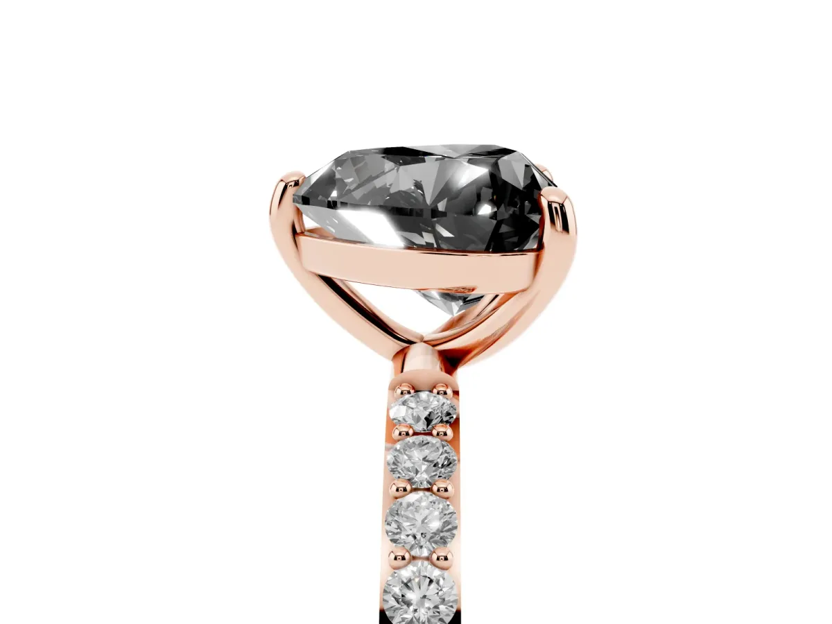 Fancy Black Heart Cut Diamond Solitaire Ring with Round Pavé Band and Prong Setting Rose gold