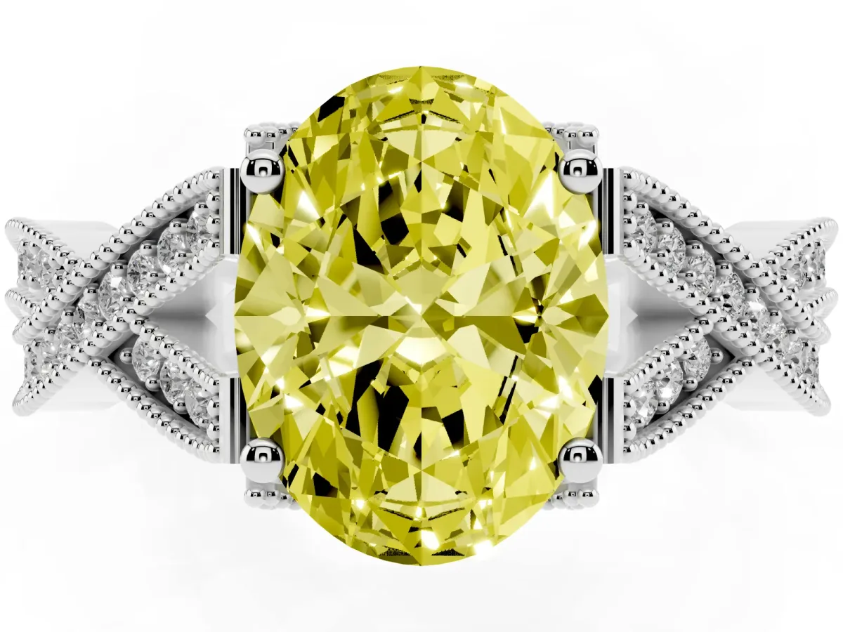 Fancy Yellow Oval Cut Cut Diamond Twisted Band with Milgrain Pave Setting and Four-Prong Setting Silver