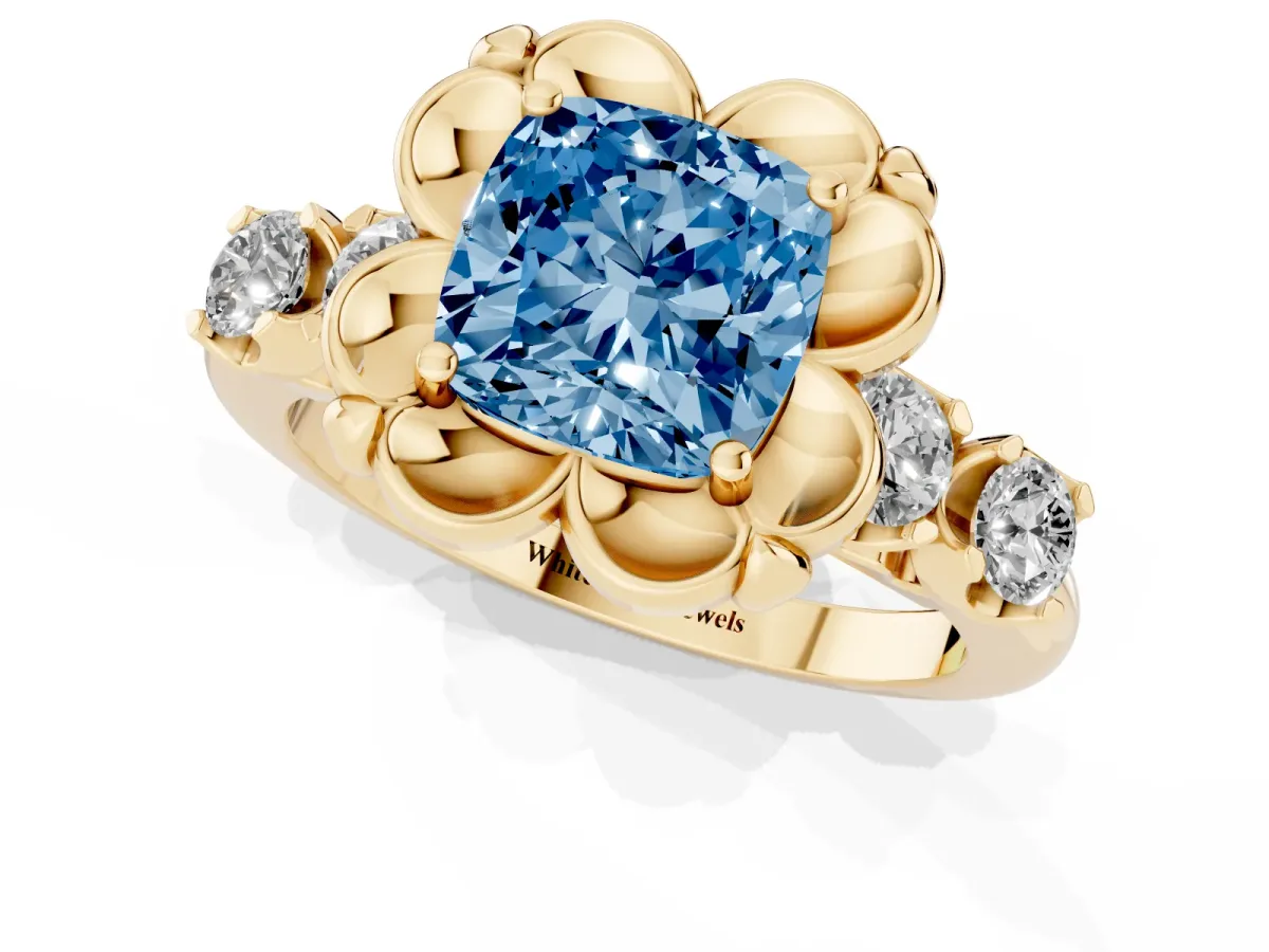 Fancy Blue Cushion Cut Cut Diamond Floral Halo Engagement Ring with Shared Prong Setting Yellow gold