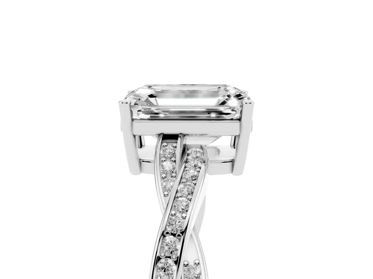 Emerald Cut Solitaire Twisted Pave Diamond Ring with Four-Prong Setting Silver
