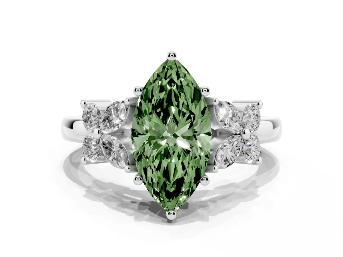 Fancy Green Marquise Cut Diamond Floral Cluster Ring with Solitaire Band and Prong Setting Platinum