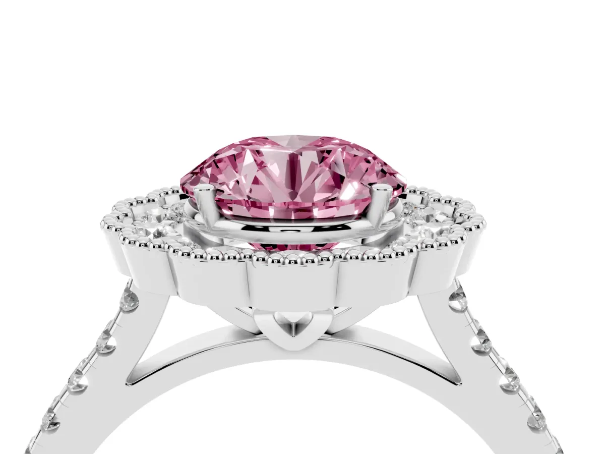 Fancy Pink Round Cut Cut Diamond Milgrain Floral Halo Engagement Ring with Pavé Band Silver