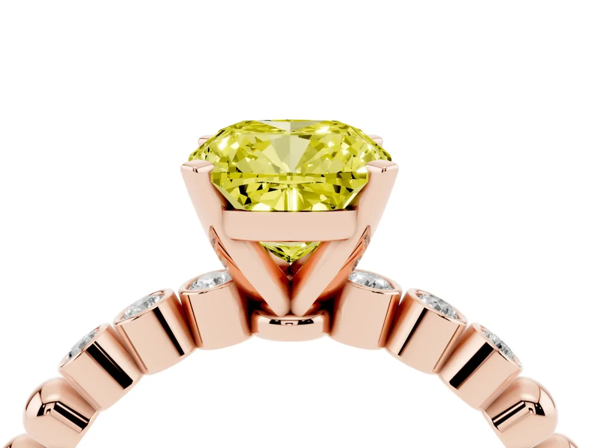 Fancy Yellow Cushion Cut Solitaire Bezel Accent Diamond Engagement Ring with Beaded Band and Four-Prong Setting Rose gold