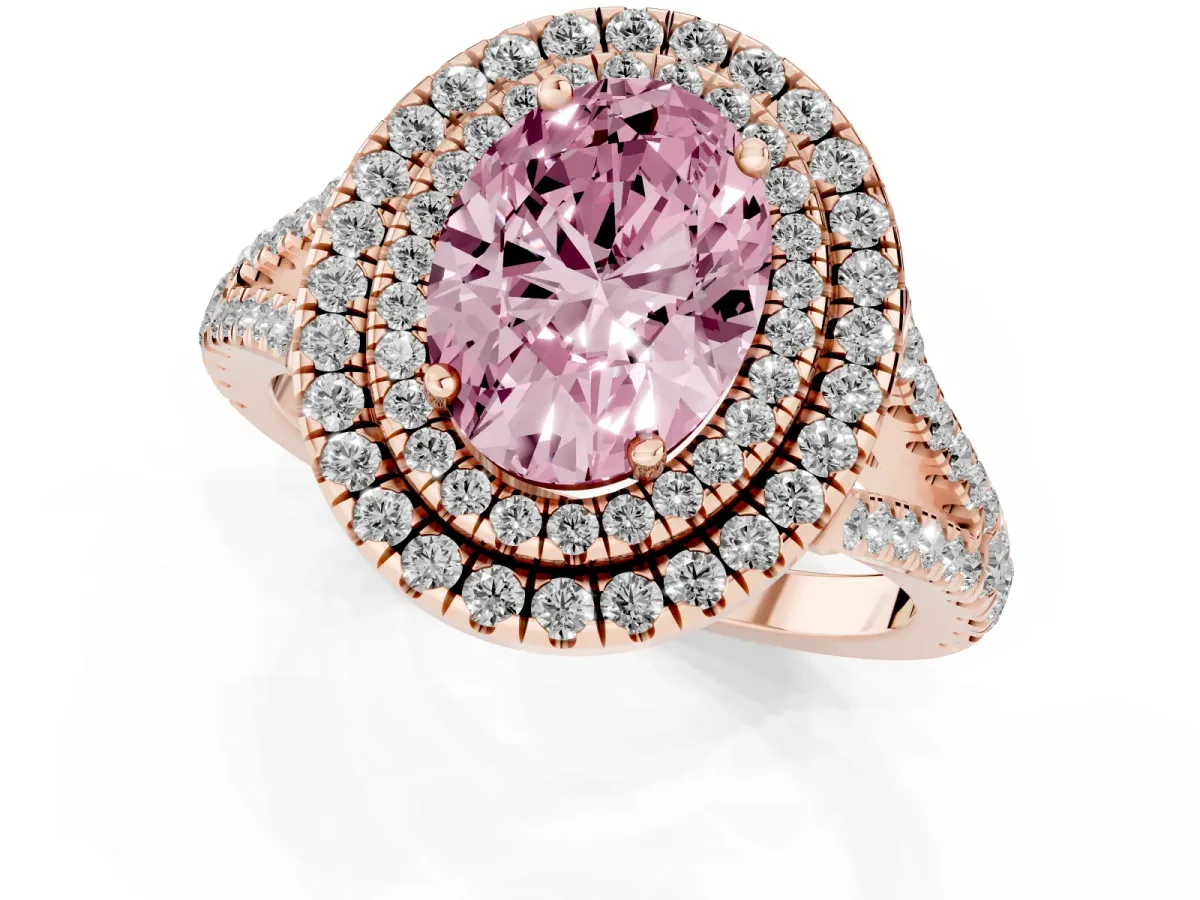 Fancy Pink Oval Cut Diamond Double Halo Ring with Pavé Band and Prong Setting Rose gold