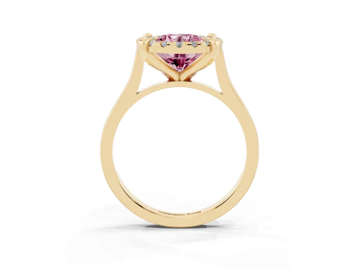 Fancy Pink Round Cut Diamond Cluster Halo Solitaire with Four-Prong Setting Yellow gold