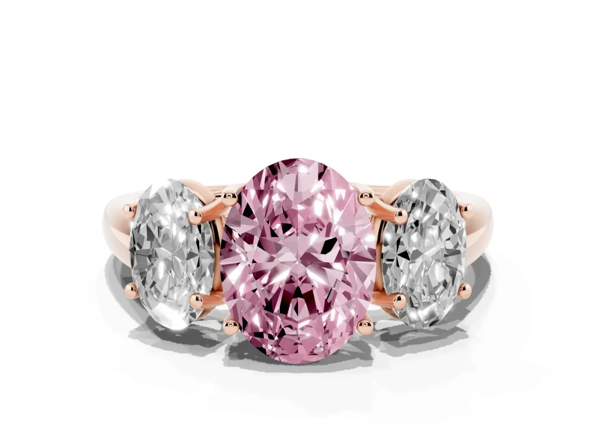 Fancy Pink Three-Stone Oval Cut Diamond Engagement Ring with Prong Setting Rose gold