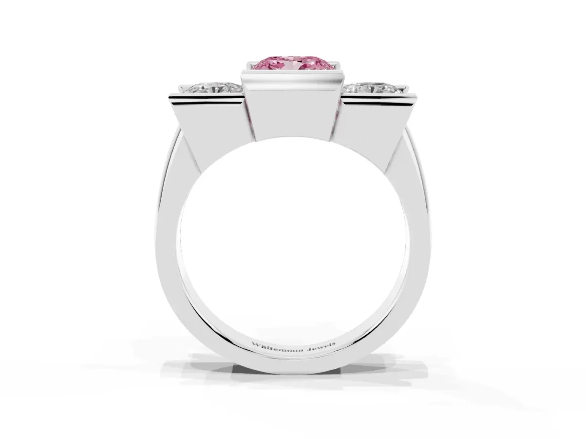 Fancy Pink Three Stone Cushion Cut Cut Channel Set Diamond Ring Platinum