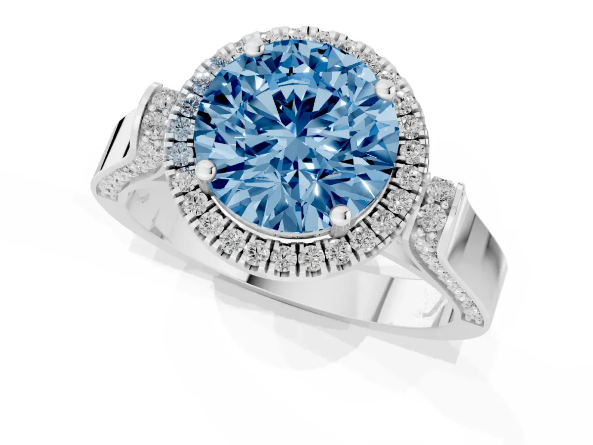 Fancy Blue Round Cut Halo Pave Split Shank Prong Setting Ring Silver