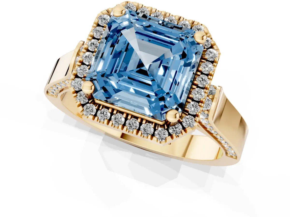 Fancy Blue Asscher Cut Halo Pave Split Shank Prong Setting Ring Yellow gold