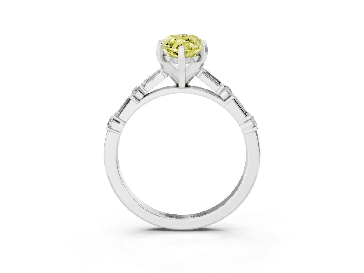 Fancy Yellow Marquise Cut Diamond Solitaire with Side Baguettes and Channel Set Band Platinum