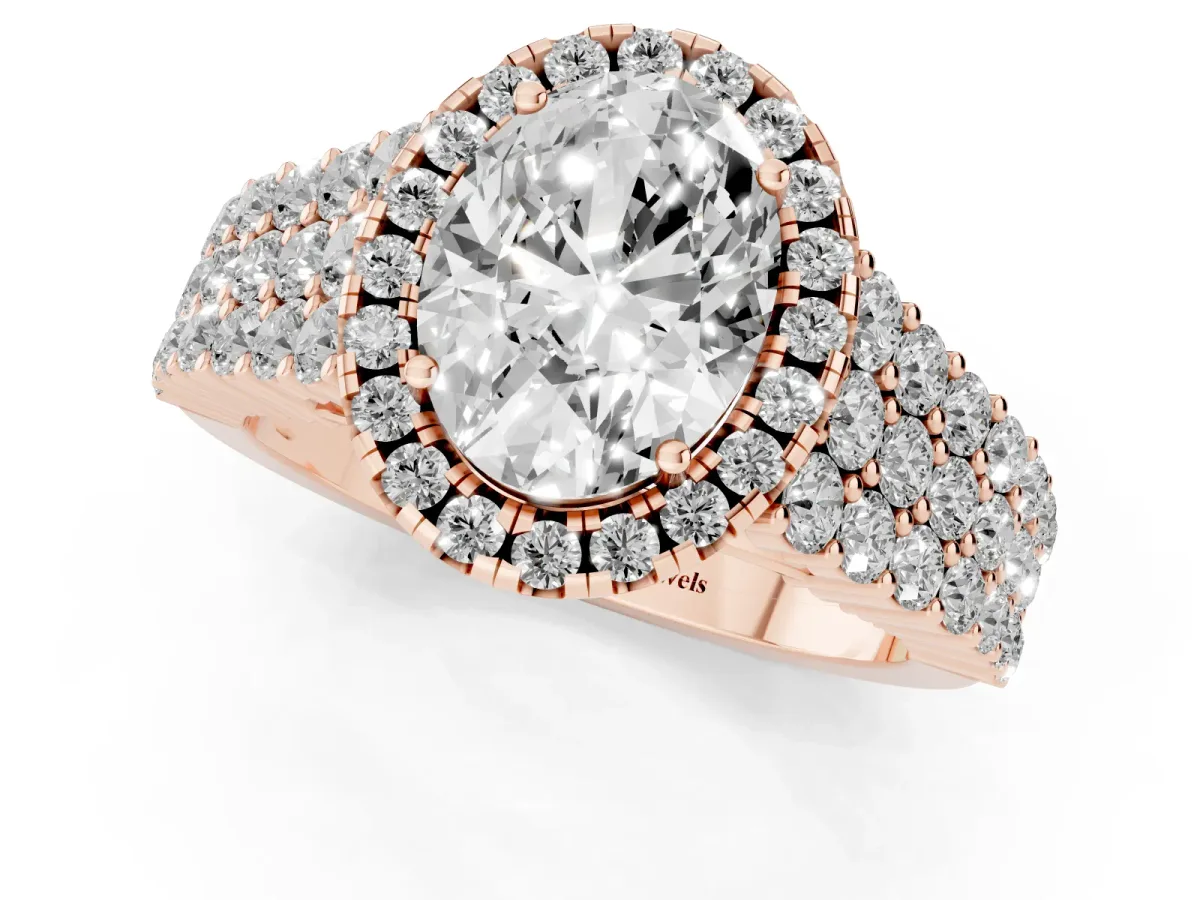 Oval Cut Diamond Halo Engagement Ring with Triple Row Round Pavé Band and Prong Setting Rose gold