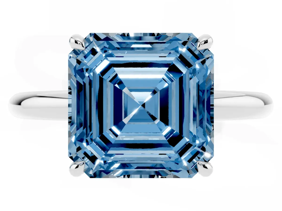 Fancy Blue Asscher Cut Diamond Solitaire Ring with Thin Band and Four-Prong Setting Silver