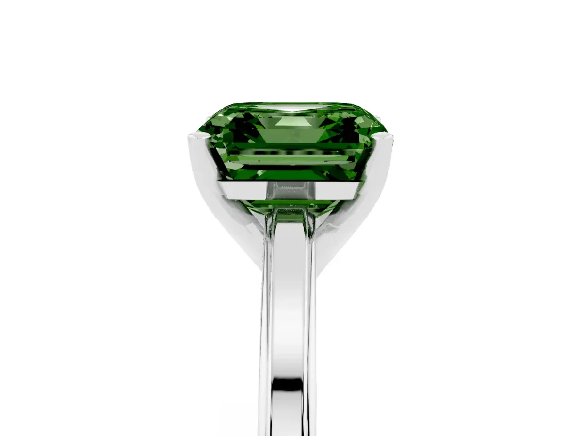 Fancy Green Asscher Cut Solitaire Diamond Ring with Four-Prong Setting and Classic Band Platinum