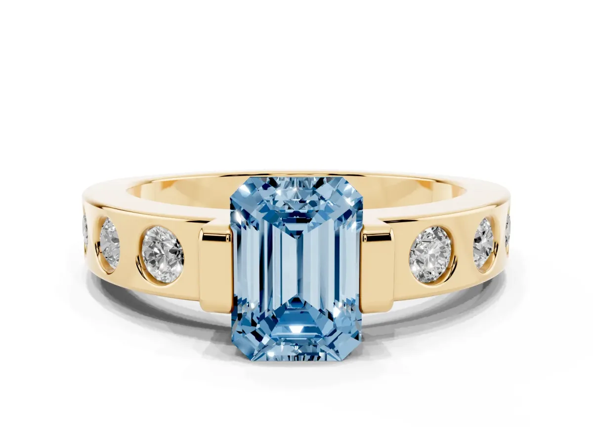 Fancy Blue Emerald Cut Brilliant Channel-Set Diamond Ring with Bezel Prong Setting Yellow gold