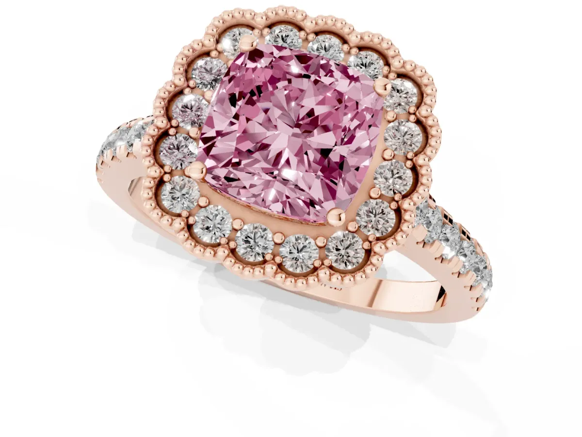 Fancy Pink Cushion Cut Cut Diamond Milgrain Floral Halo Engagement Ring with Pavé Band Rose gold