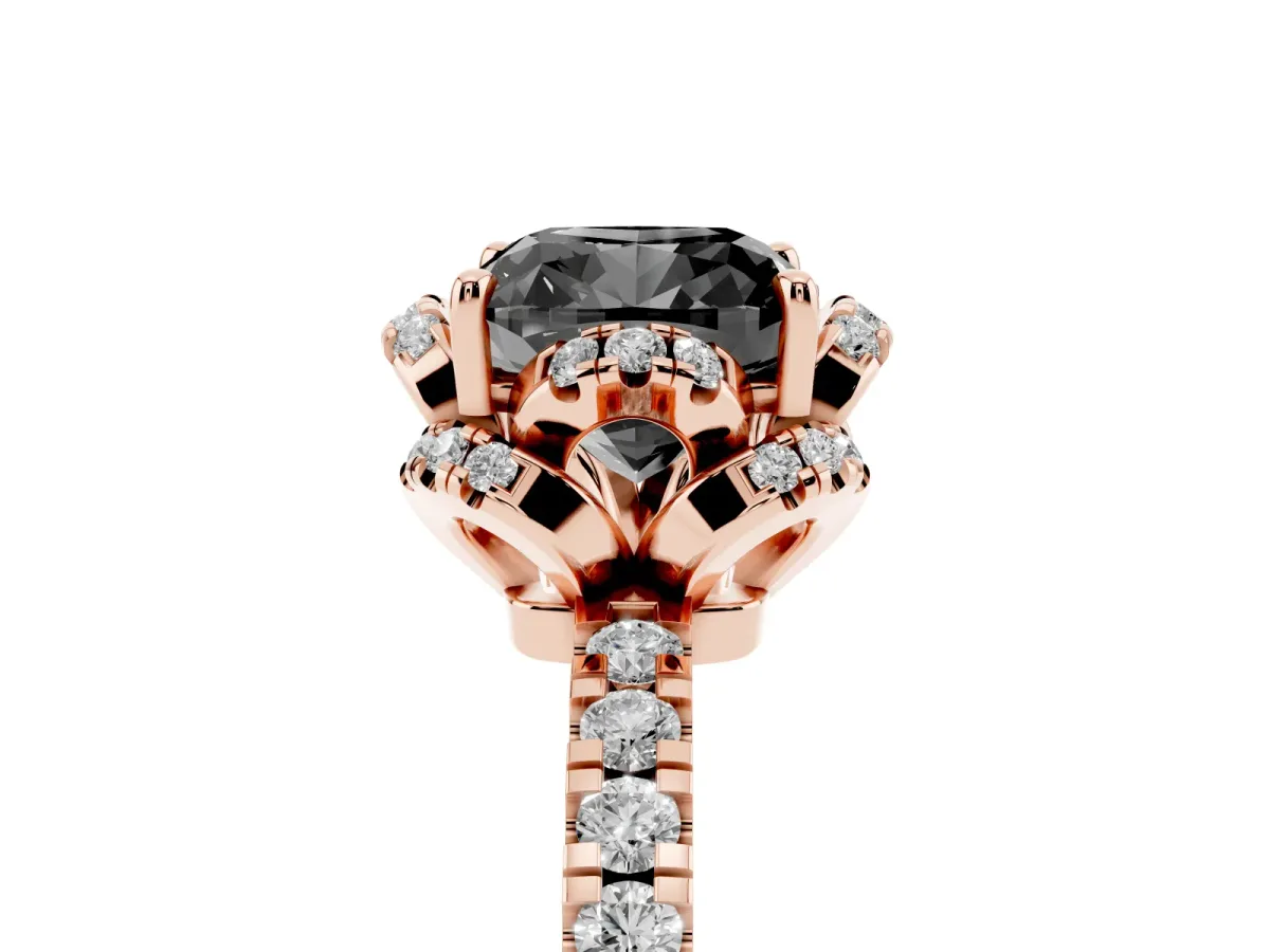Fancy Black Cushion Cut Diamond Halo Pave Band with Four-Prong Setting Rose gold