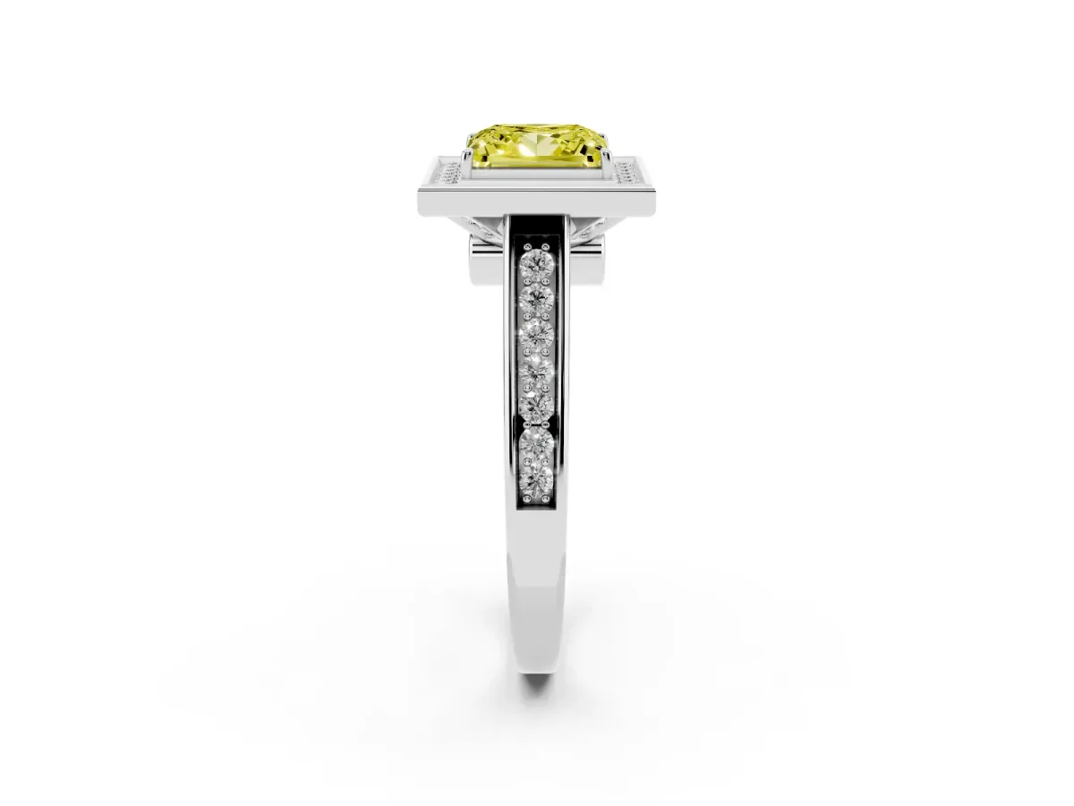 Fancy Yellow Princess Cut Halo Solitaire Diamond Ring with Pave Band and Bezel Setting Platinum