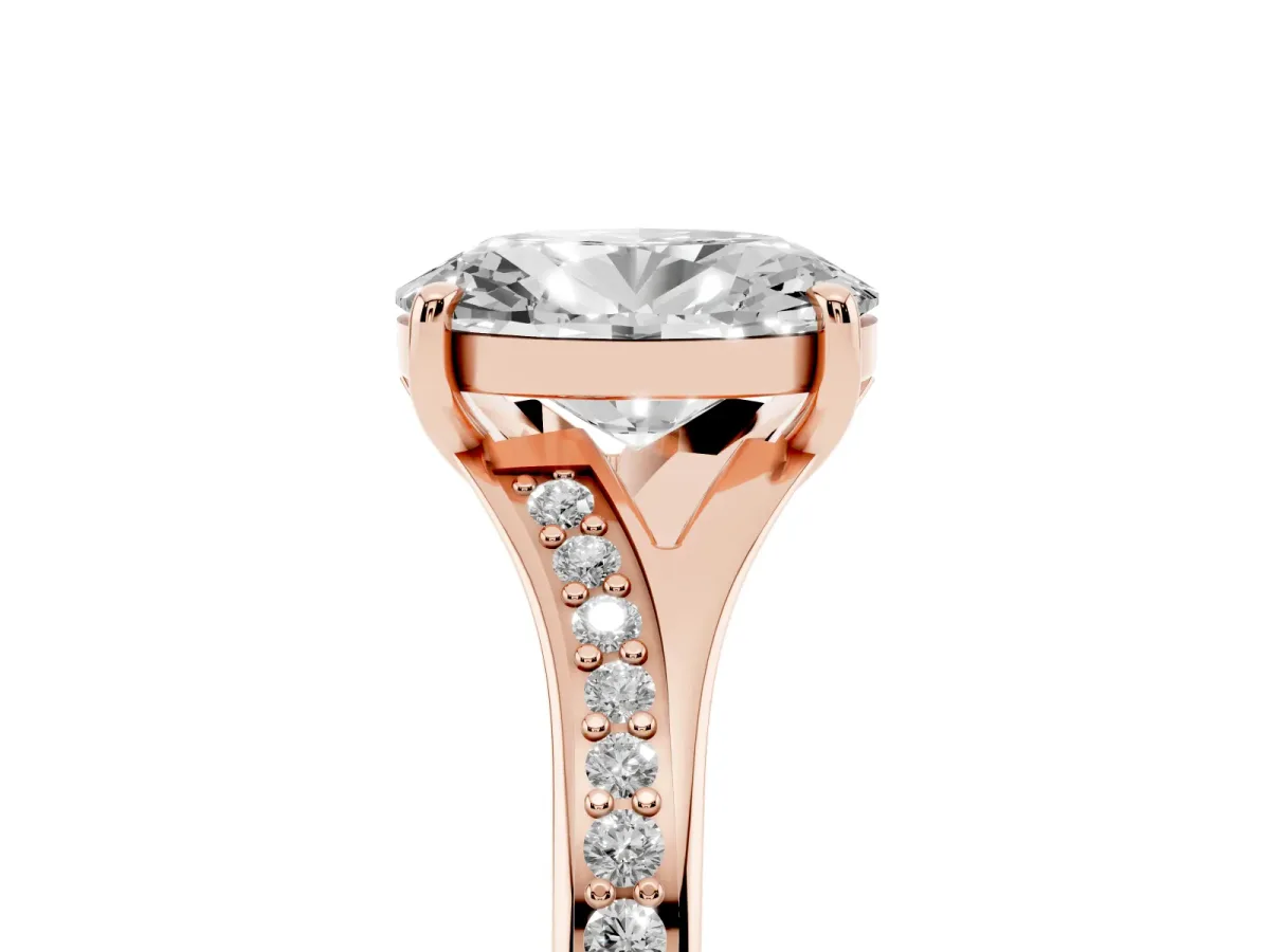 Oval Cut Diamond Solitaire Ring with Pavé Band and Prong Setting Rose gold