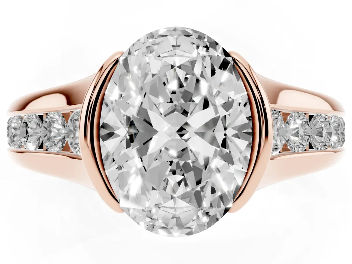 Oval Cut Solitaire Bezel-Set Diamond Ring with Channel-Set Band Rose gold