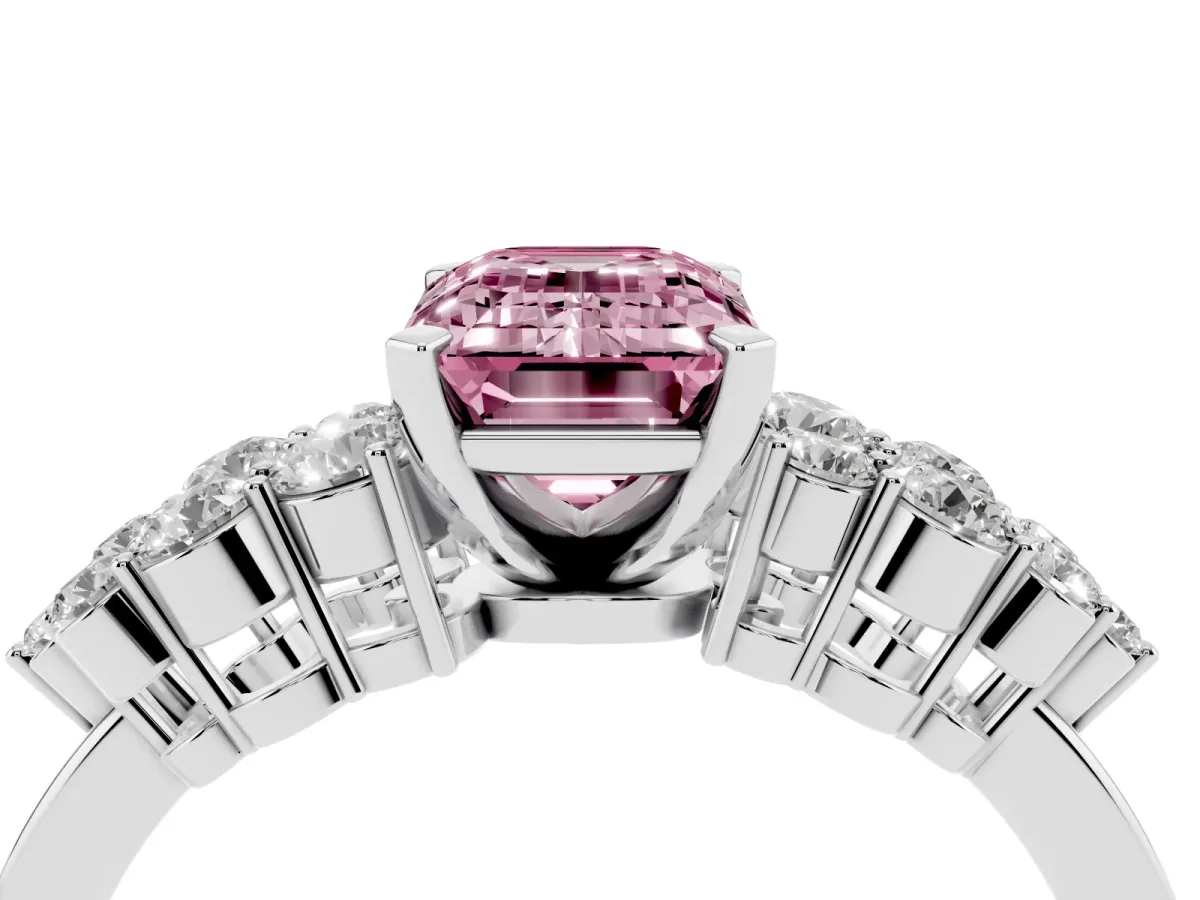 Fancy Pink Emerald Cut Cluster Diamond Engagement Ring with Pavé Band and Four-Prong Setting Silver