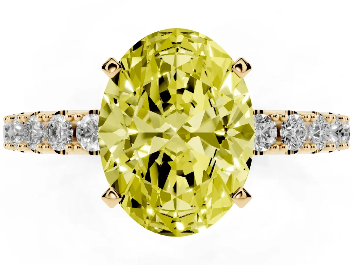 Fancy Yellow Oval Cut Diamond Solitaire Pavé Band with Four-Prong Setting Yellow gold
