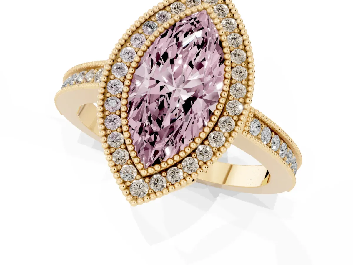Fancy Pink Marquise Cut Cut Halo Diamond Ring with Pavé Band and Milgrain Prong Setting Yellow gold