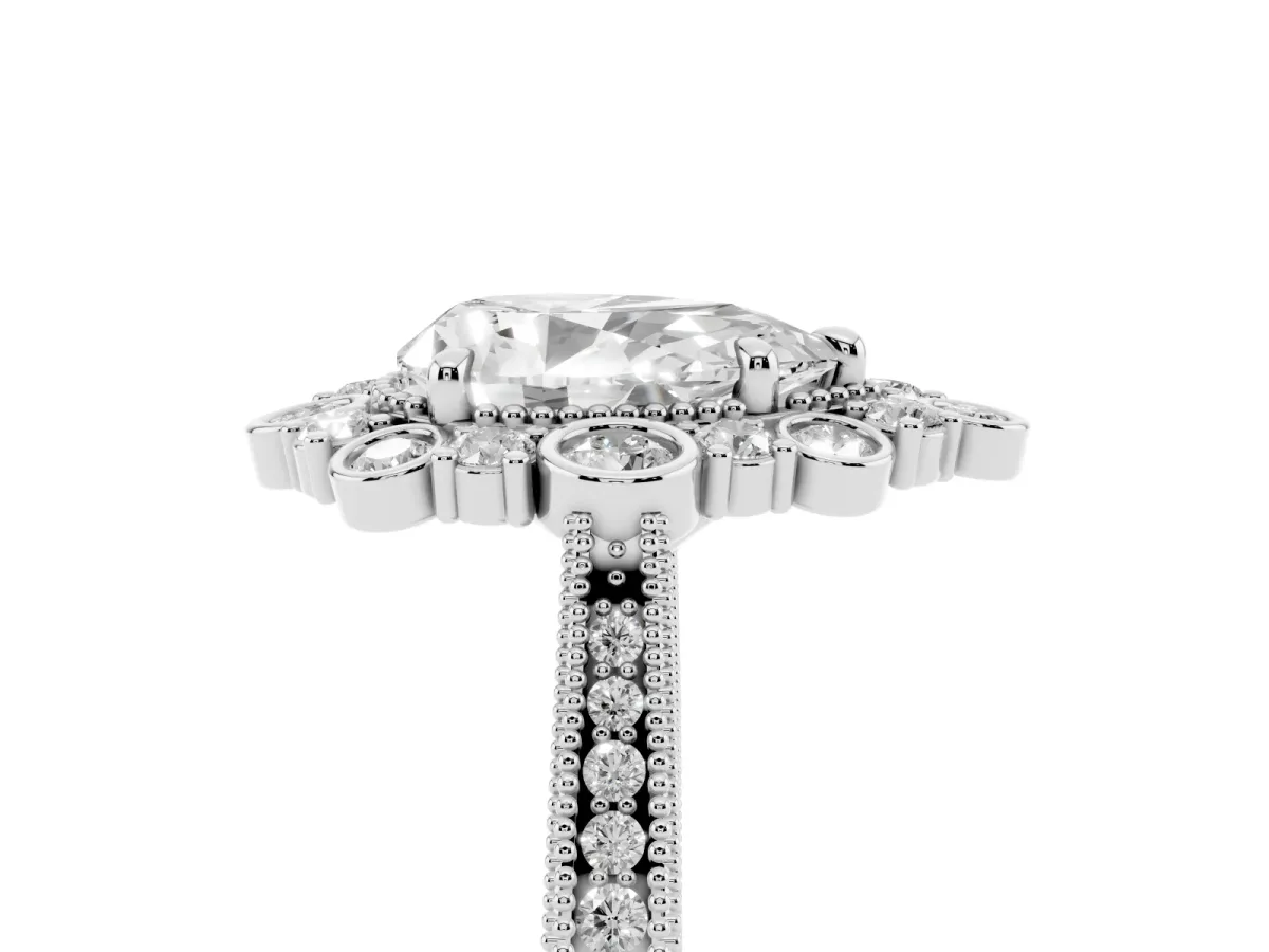 Pear Cut Halo Milgrain Pave Diamond Ring with Four-Prong Setting Silver