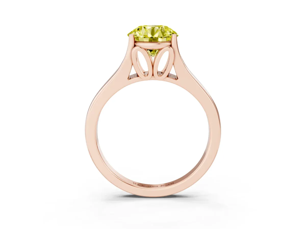 Fancy Yellow Round Cut Solitaire Diamond Ring with Cathedral Band and Four-Prong Setting Rose gold